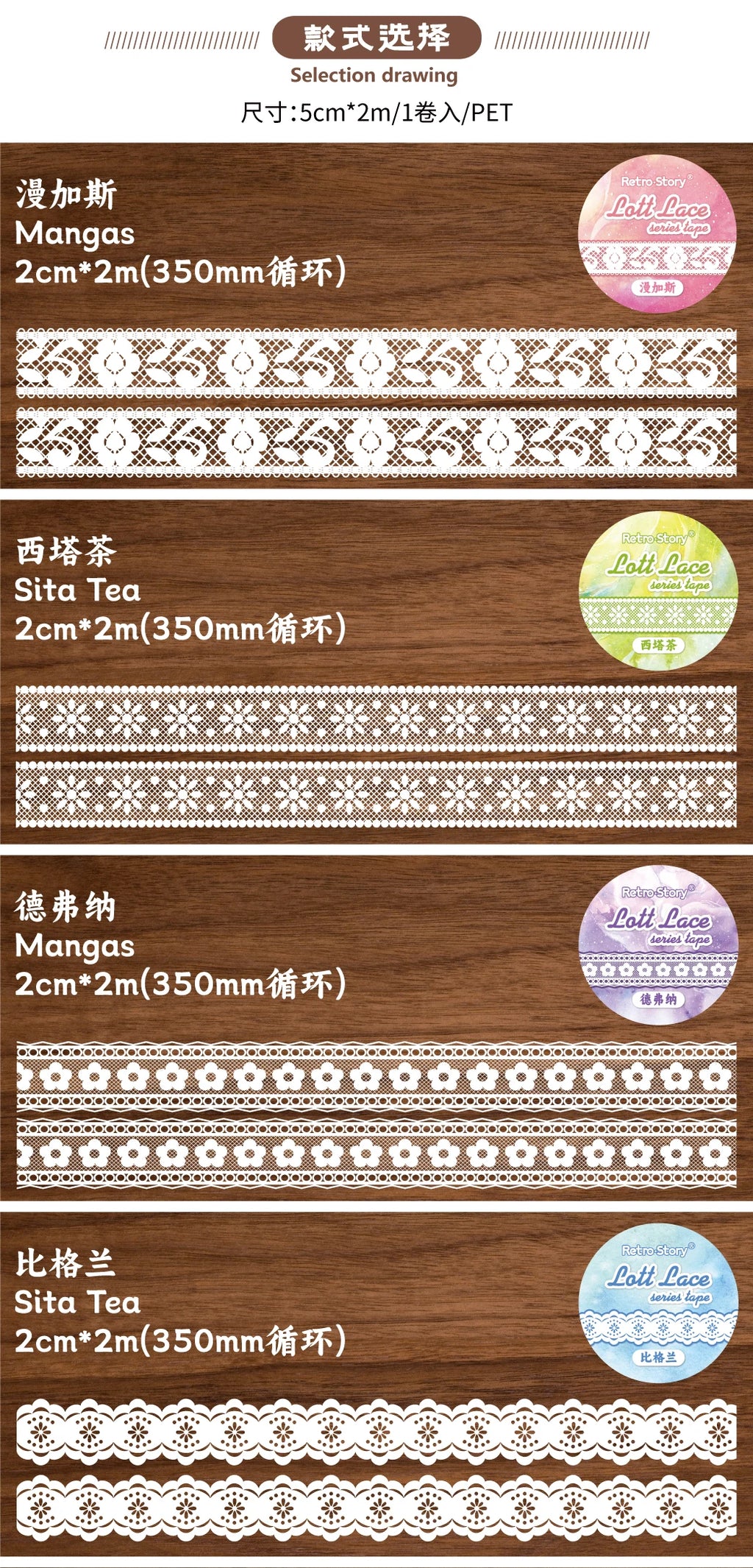 1Roll Lace Series PET Tape Scrapbooking Decoration Stickers Perfect for Collage Journaling Craft Diy Supplies