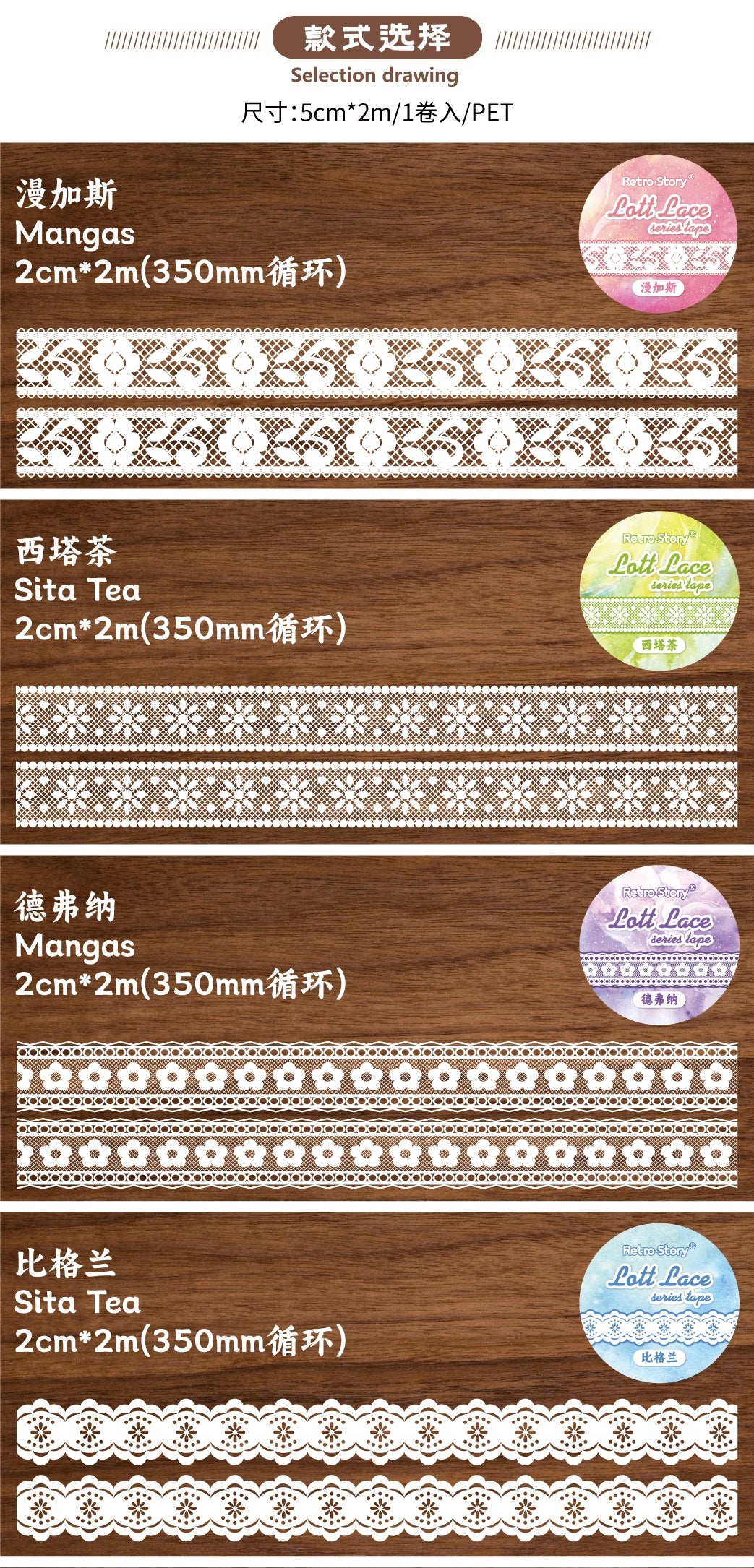 1Roll Lace Series PET Tape Scrapbooking Decoration Stickers Perfect for Collage Journaling Craft Diy Supplies