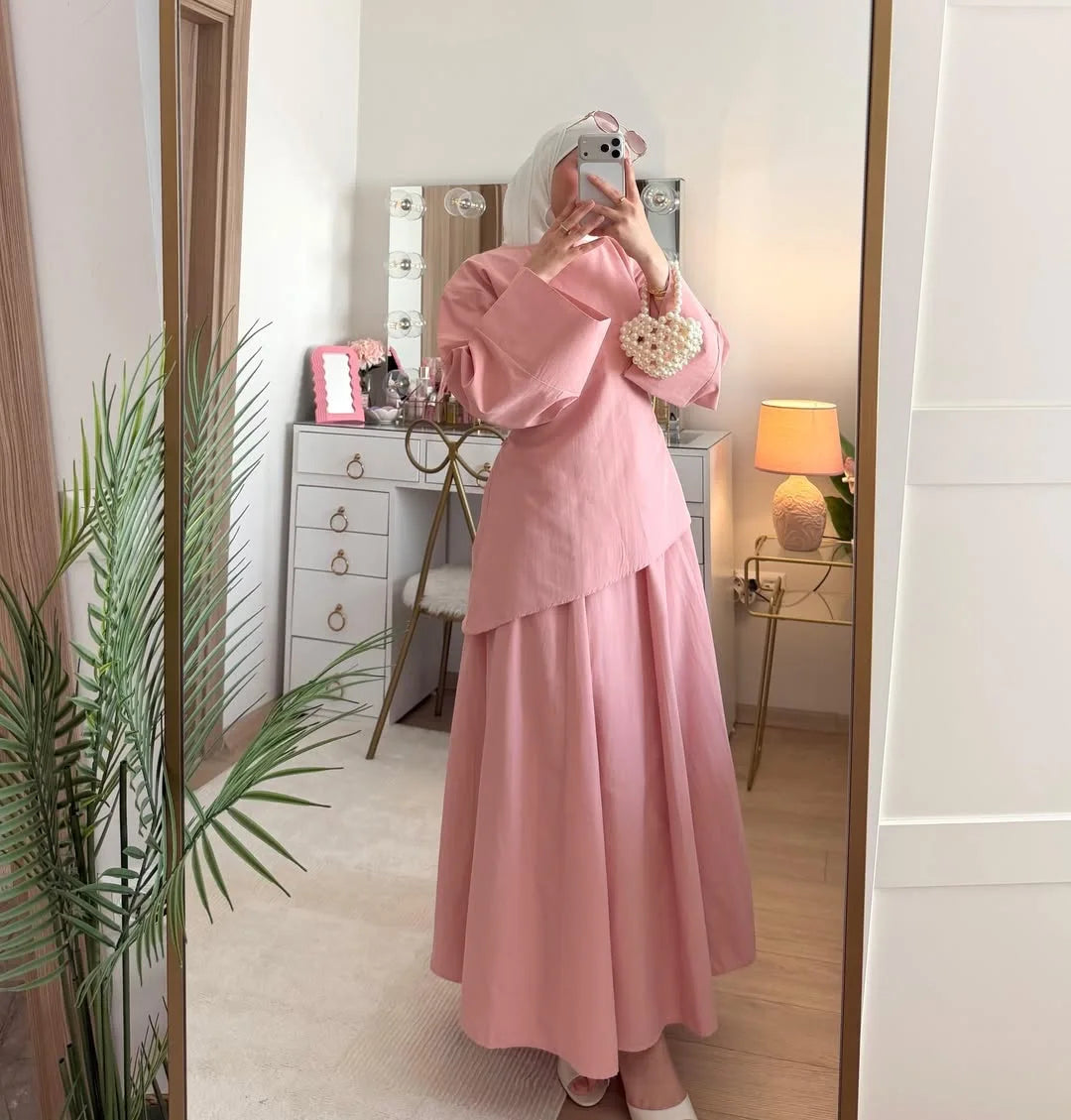 Elegant Muslim Women 2 Piece Abaya Set Ramadan Modest Summer Daily Turkey Top and Skirt Suit Islamic Casual Outfit for Eid