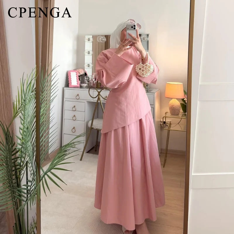 Elegant Muslim Women 2 Piece Abaya Set Ramadan Modest Summer Daily Turkey Top and Skirt Suit Islamic Casual Outfit for Eid
