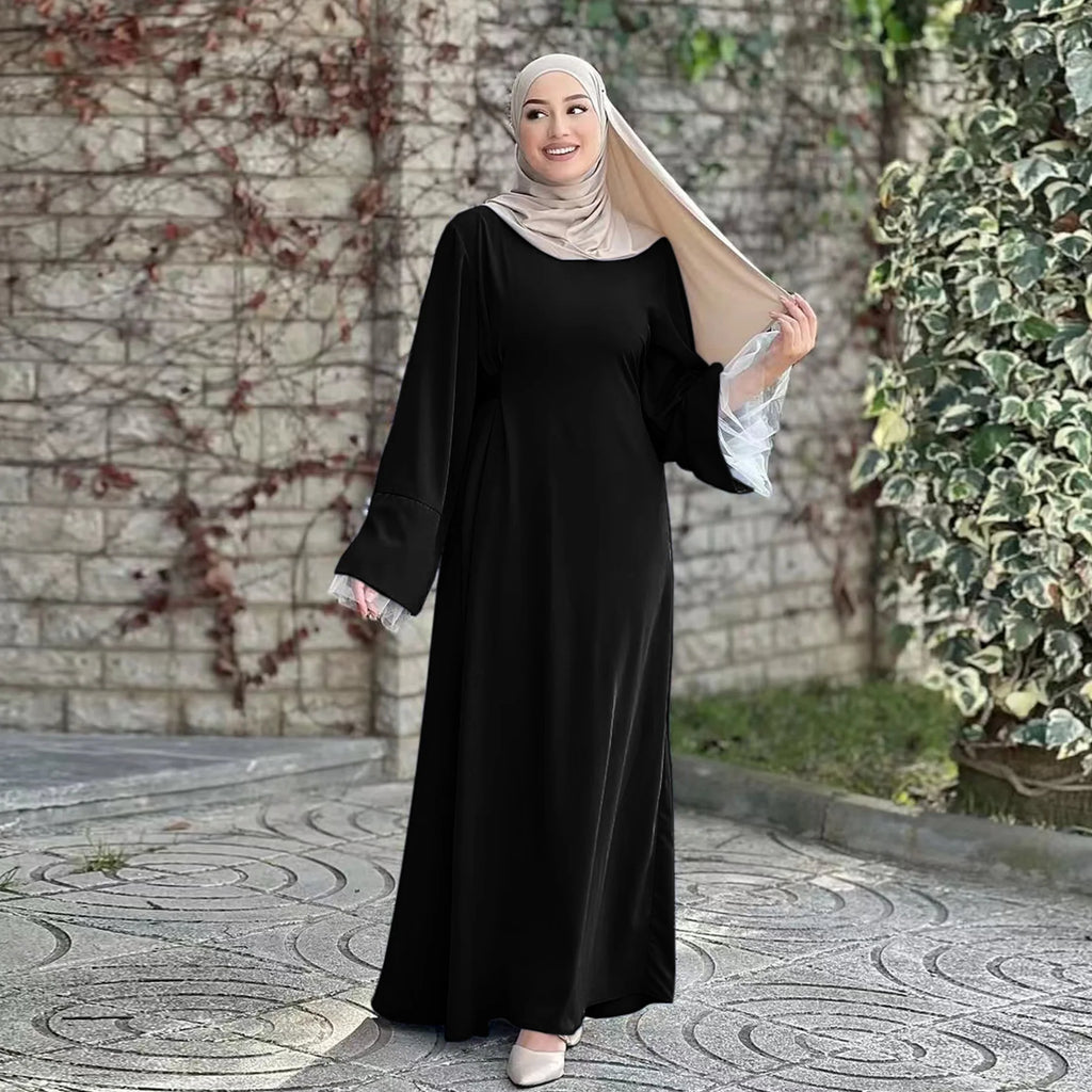 2025 Ramadan Bescheidene Muslimische Damenkleidung Elegantes Arabisches Abaya-Kleid mit Rückengürtel und Spitzenärmeln Islamisches Ausgestelltes Maxi-Gewand