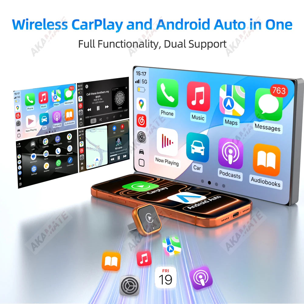 Kabelloser Adapter CarPlay Android Auto 2-in-1 Kabelgebunden zu Kabellos CarPlay Android Auto Bluetooth USB Typ-C Plug-and-Play