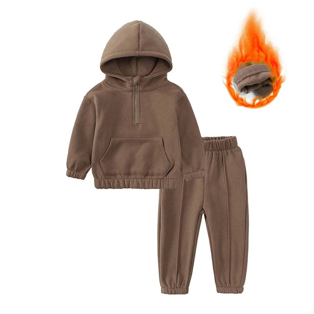2026 Children Kids Fleece Winter Outfits Solid Cotton Hooded Sweatshirt+Pants Toddler Infant Suit Boy Girl Casual Warm Clothes