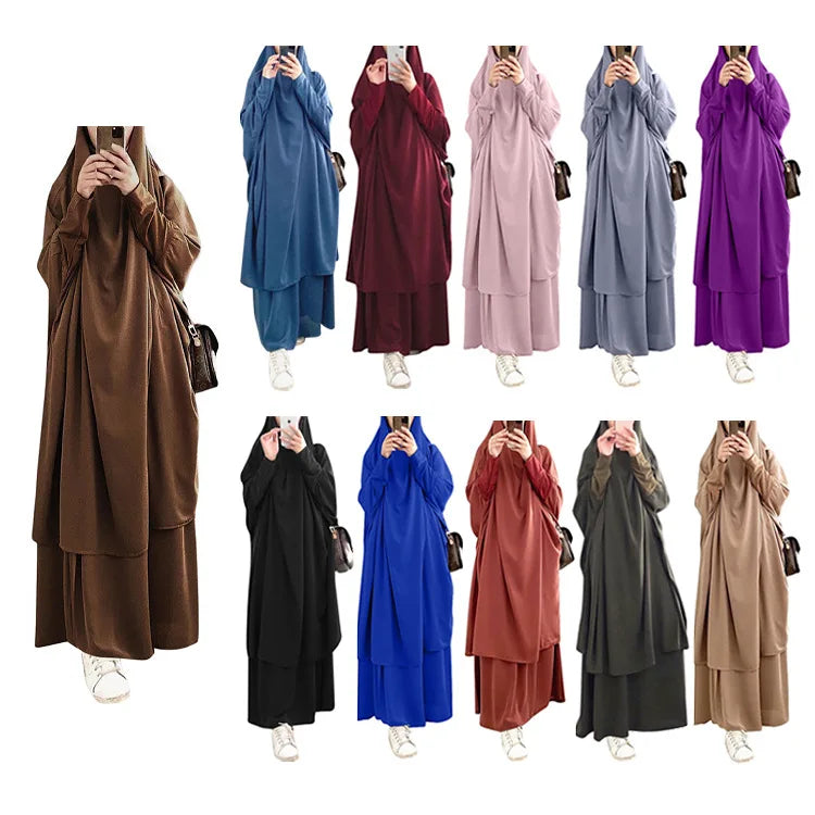 Eid Women Long Khimar 2 Piece Set Prayer Garment Djellaba  Abaya Muslim Ramadan Gown Dubai Arab Islamic Niqab Burka Jubah Jilbab