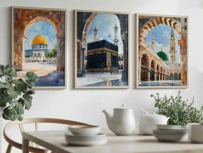 1/3pcs Islamic Mosque Architecture Watercolor Painting Canvas Print Muslim Arabic Calligraphy Wall Art Poster Modern Home Decor