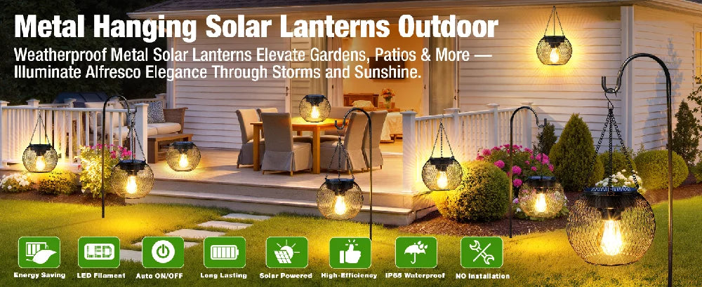 1/2PCS Outdoor Solar Lantern IP44 Waterproof Solar Powered Metal Hanging Lights for Garden Patio Deck Paths Decorative Lighting
