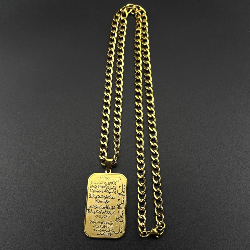 Islamic Muslim Pendant Necklace for Women Men Stainless Steel Gold Color Arabic Letter Quran Geometric Medal Chain Jewelry Gift