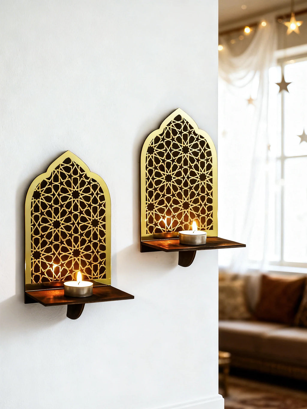 Islamisches Ramadan-Holz-Wandregal, geometrisch, goldfarben, schwarz, Acryl, Hängeregal für Eid Mubarak, Kareem, Kerze, Weihrauch, Heimdekoration, Geschenk