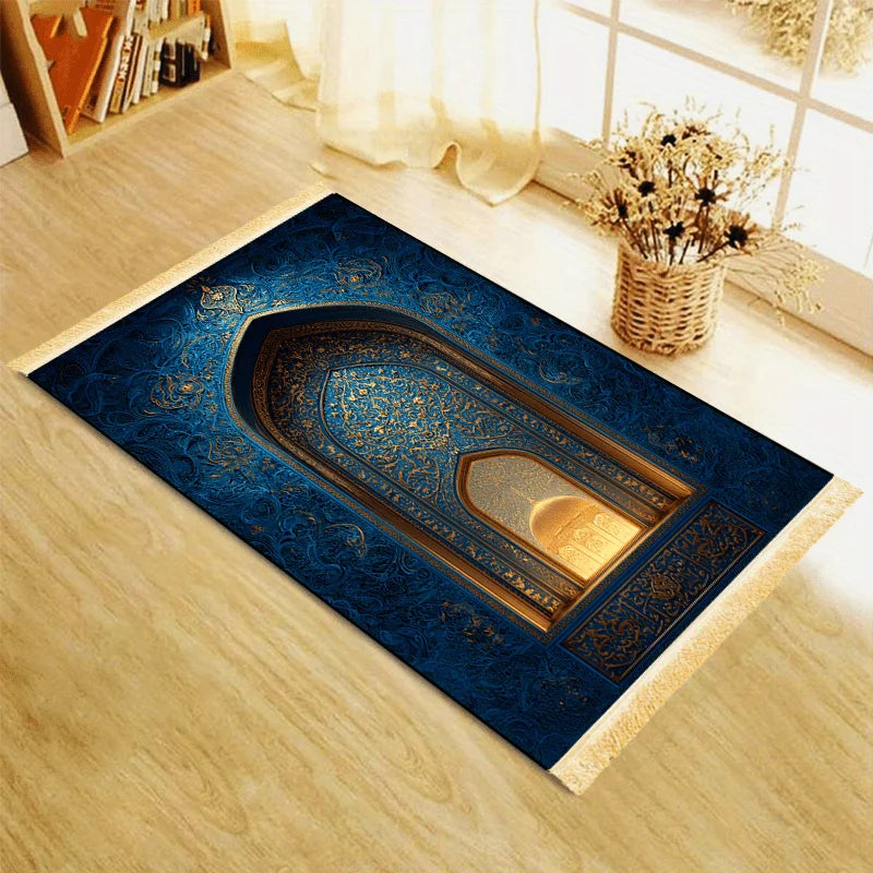 VIKAMA Islamischer Gebetsteppich, Blau-Gold Luxuriöses Moschee-Design, Faltbarer Waschbarer Muslimischer Teppich für Salah, Eid-Geschenk
