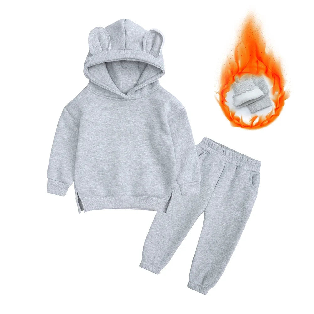 2026 Children Kids Fleece Winter Outfits Solid Cotton Hooded Sweatshirt+Pants Toddler Infant Suit Boy Girl Casual Warm Clothes