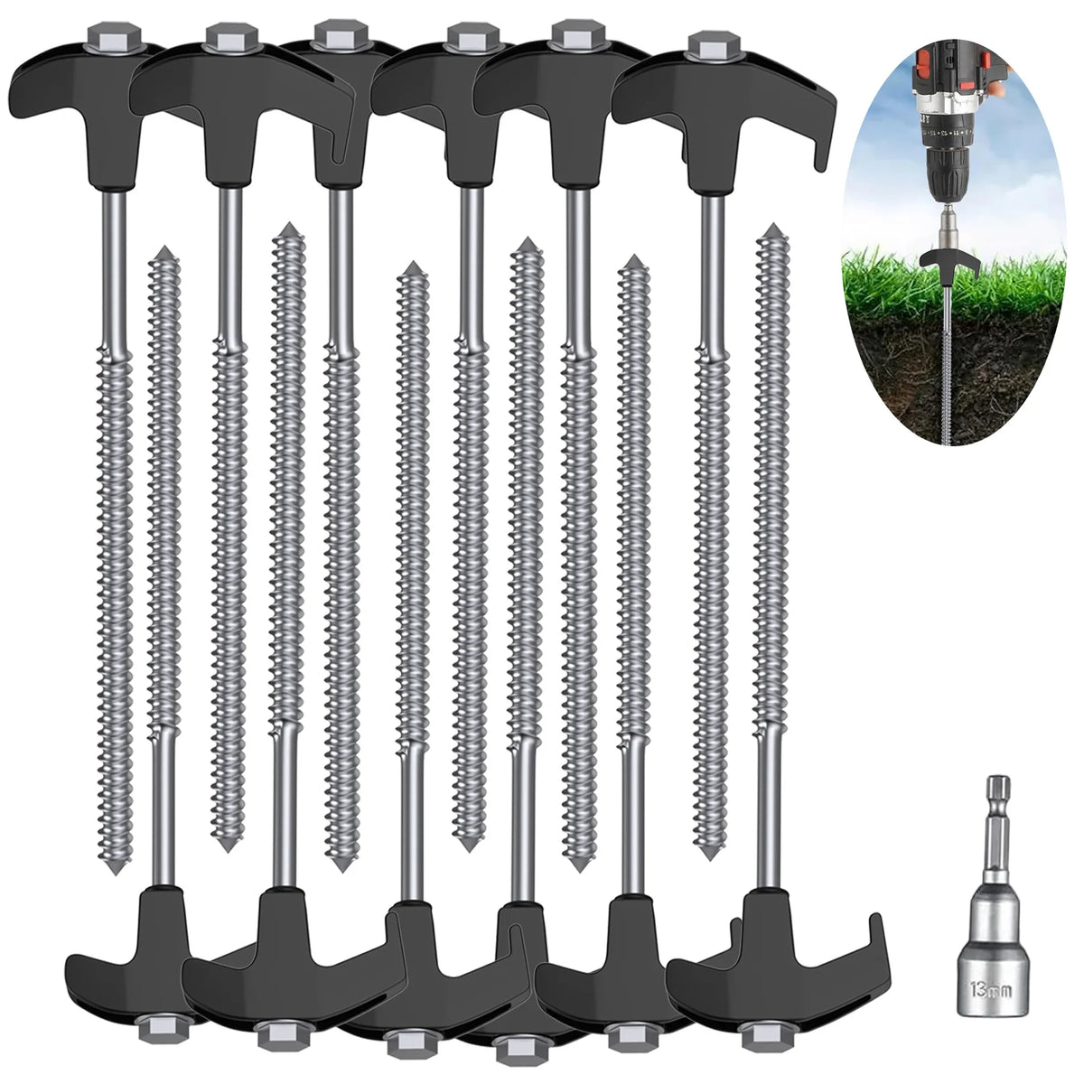 12/16/24PCs Screw pegs tent steel pegs Camping tent pegs Set Herring Earth nails Stable tent ground anchor 25CM Camping Herring Puls 13MM Hexagon Drill for Hard Ground Forest Grass