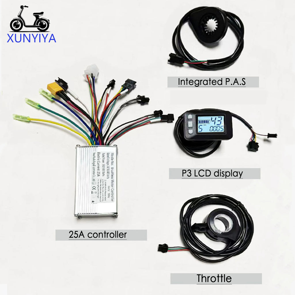 25A E-Bike Brushless Motor Controller 24V/36V/48V 350W-500W with  P.A.S Throttle UART No.2 P3 LCD Display for E- Scooter Repair.