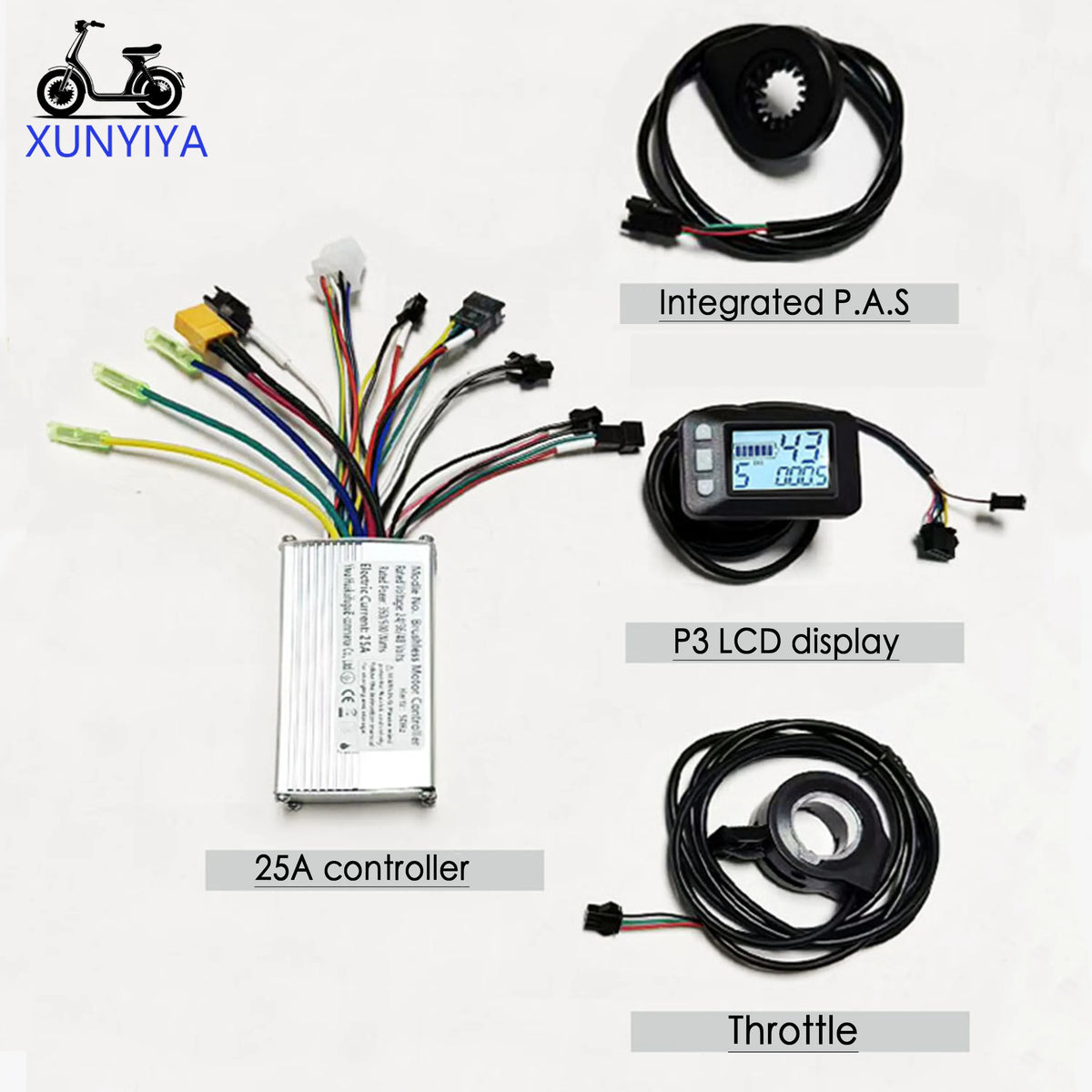 25A E-Bike Brushless Motor Controller 24V/36V/48V 350W-500W with  P.A.S Throttle UART No.2 P3 LCD Display for E- Scooter Repair.