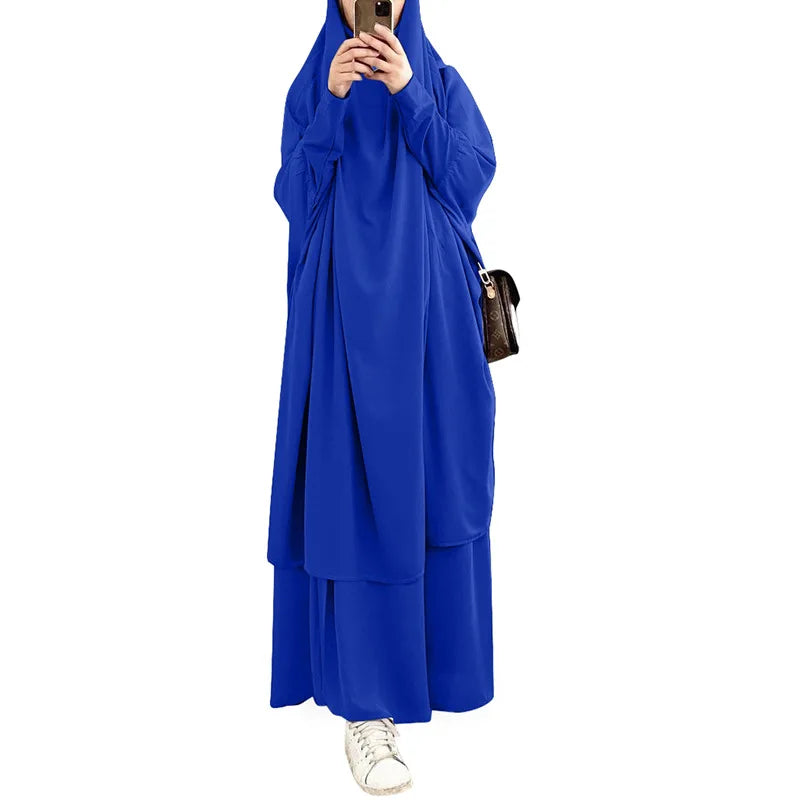 Eid Women Long Khimar 2 Piece Set Prayer Garment Djellaba  Abaya Muslim Ramadan Gown Dubai Arab Islamic Niqab Burka Jubah Jilbab