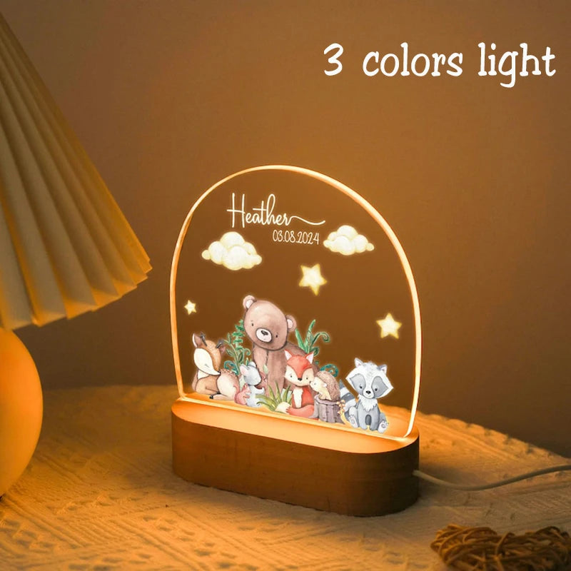 Personalized Acrylic Woodland Animals Forest Plaque with LED Night Light For Baby Children's Bedroom Nursery Light Birthday Gift