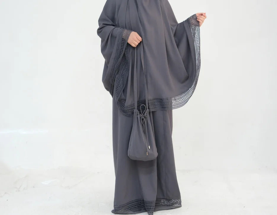 Complete Women's Islamic Prayer Outfit Set (4 Items) Includes Prayer Rug Carry Case Modest Abaya Dress and Khimar Headscarf