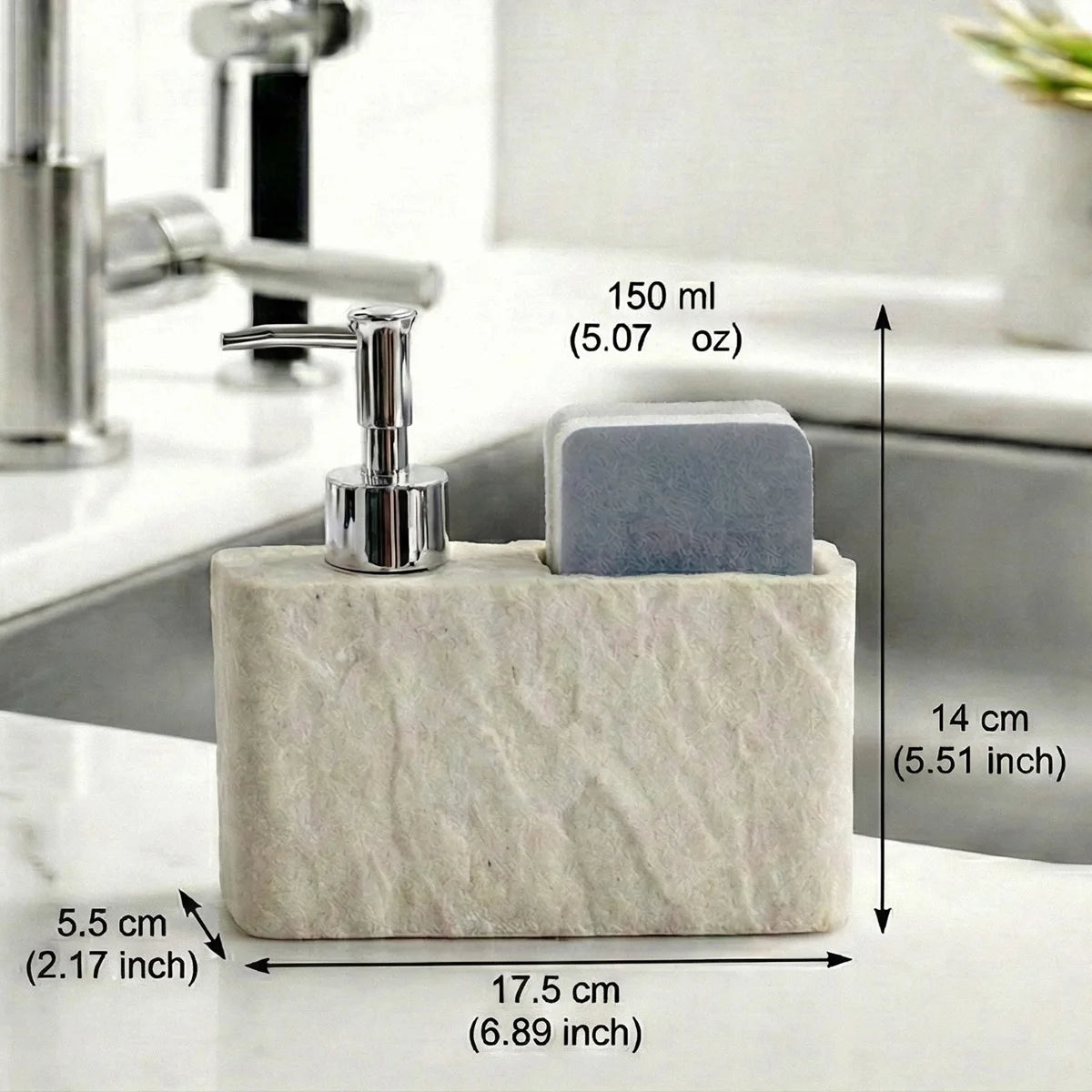Kitchen Soap Dispenser with Sponge Holder, 2-in-1 Resin Stone Texture Dish Soap Pump and Caddy Organizer for Kitchen