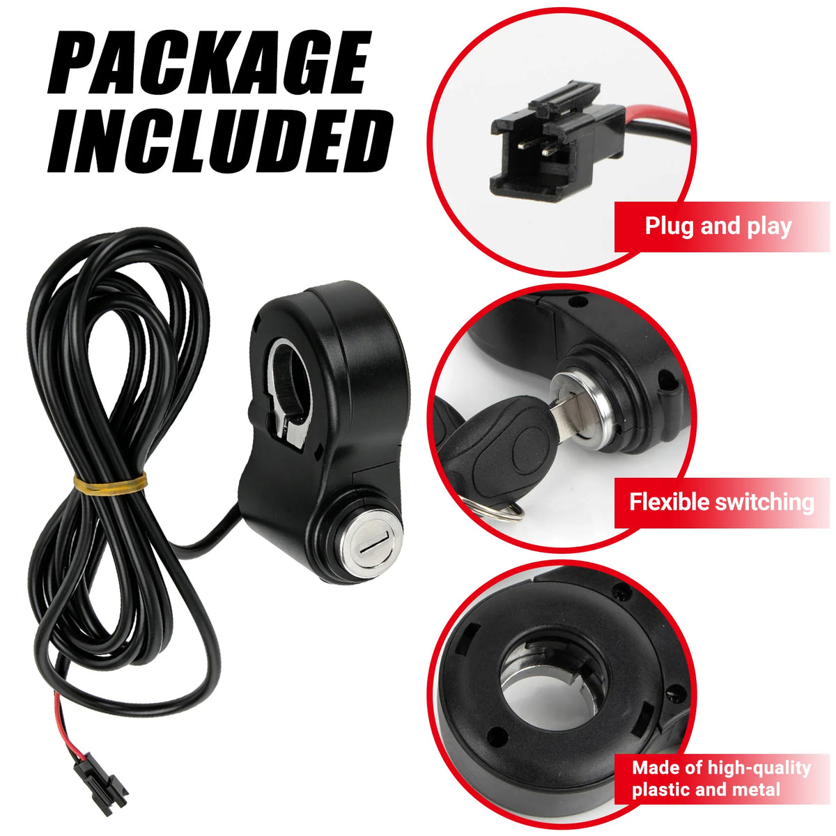 12V-72V Ebike Key Ignition 2 Wires Ignition Lock Key Switch with 2 Key for Super 73 for Ridstar Q20 Electric E-Scooter Universal