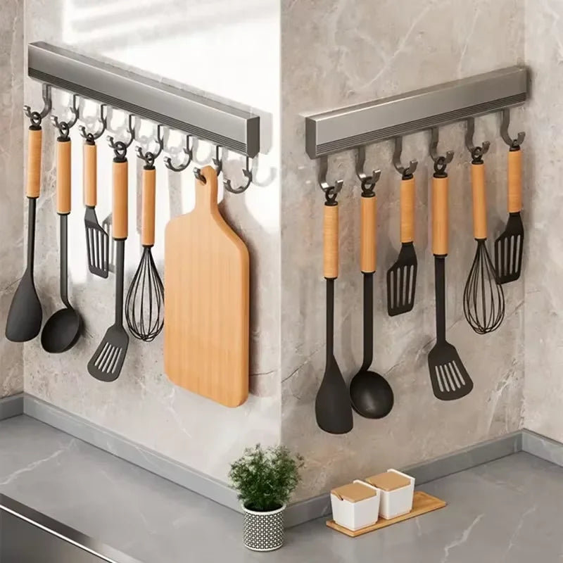 Kitchen HookRack - Wall-Mounted Without Drilling - Space Aluminum Multi-Functional Storage Hooks