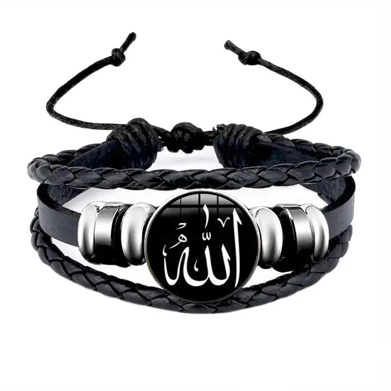 Islamic Muslim Allah Charm Bracelet Glass Dome Snap Button Leather Bracelets Wristband For Men