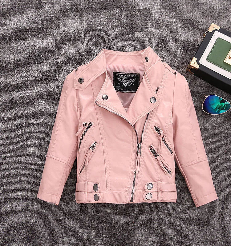 2-14 Years Old Girls Faux Leather Jacket Children PU Coat Long Sleeve Zip Belt Locomotive Jacket Stylish Teen Kids Boys Jackets