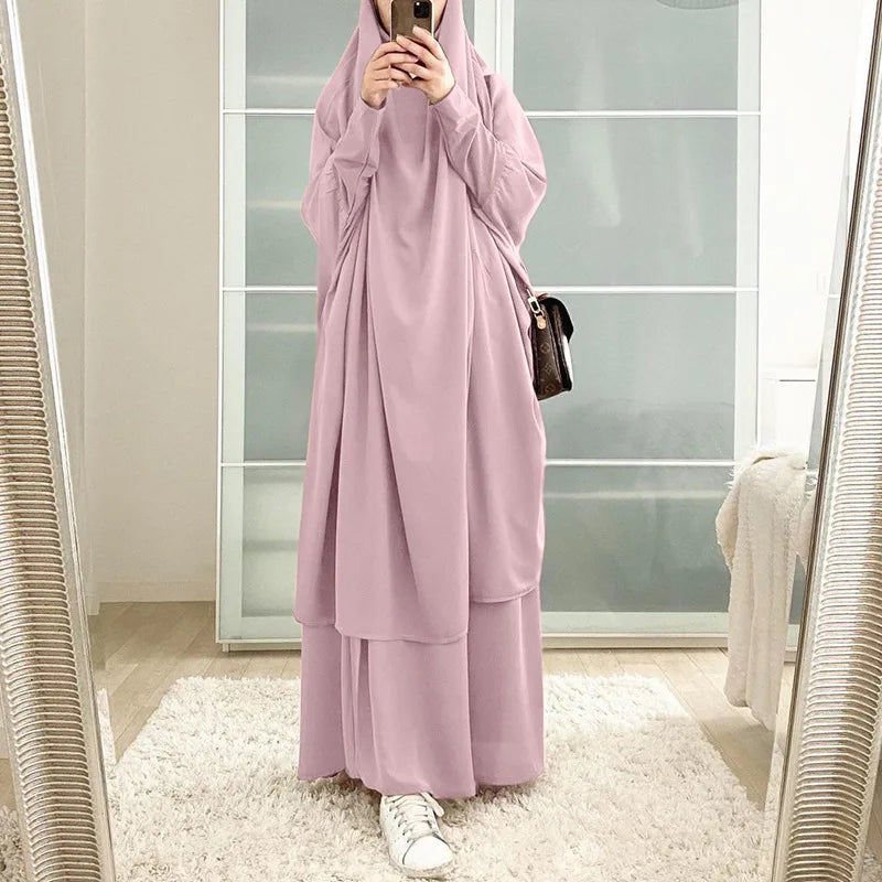 Eid Women Long Khimar 2 Piece Set Prayer Garment Djellaba  Abaya Muslim Ramadan Gown Dubai Arab Islamic Niqab Burka Jubah Jilbab