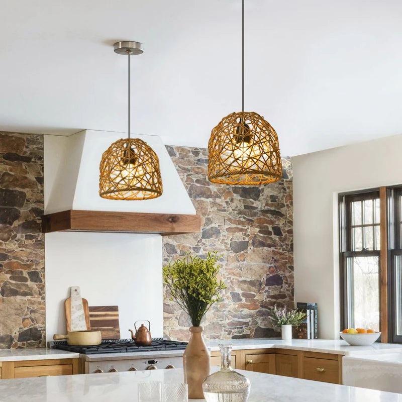Woven Lantern LED  Hanging Light Lampshade Simulated Rattan Ceiling Pendant Lamp Shade Bedroom Dining Room Chandelier Lamp Cover