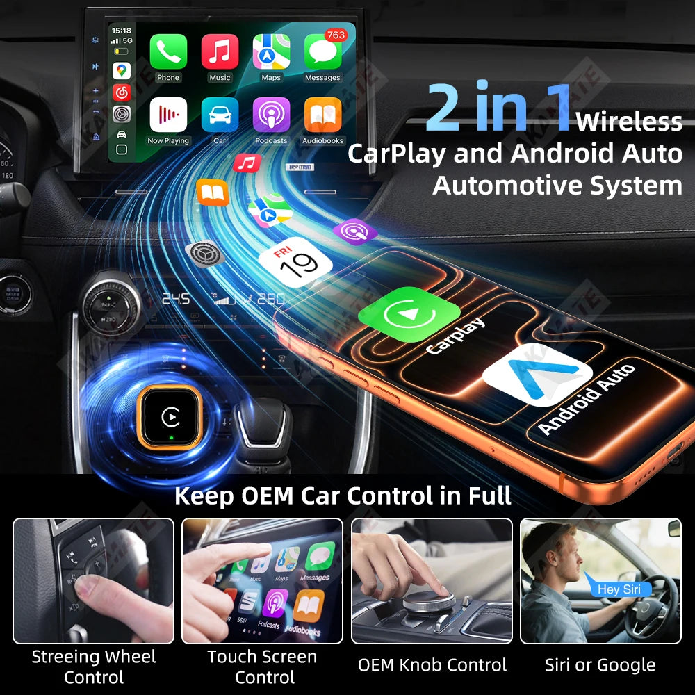 Kabelloser Adapter CarPlay Android Auto 2-in-1 Kabelgebunden zu Kabellos CarPlay Android Auto Bluetooth USB Typ-C Plug-and-Play
