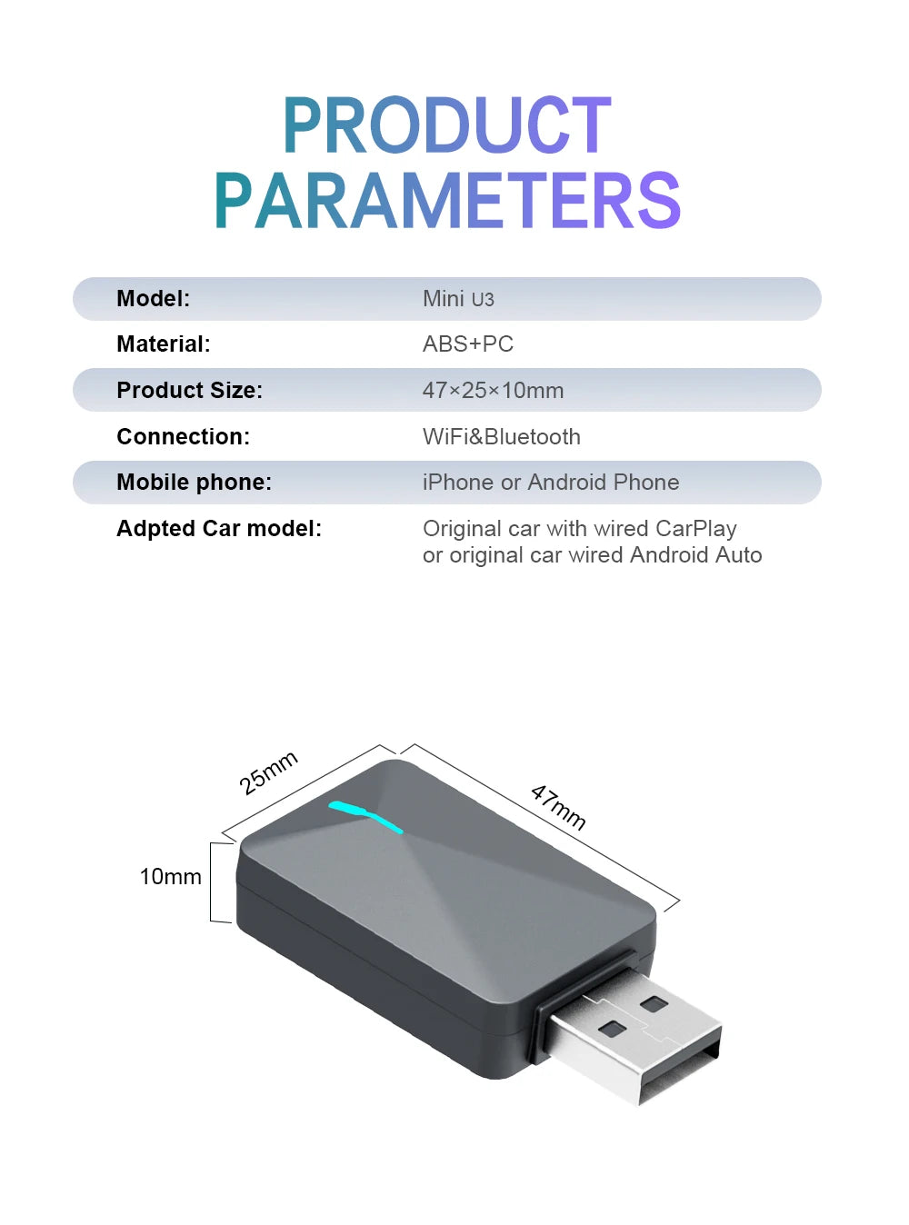 Kompakter Kabelloser CarPlay Android Auto USB-Adapter, Kabelgebunden zu Kabellos Upgrade, Einfache Installation, Automatische Verbindung, Kompatibel mit 98% aller Autos