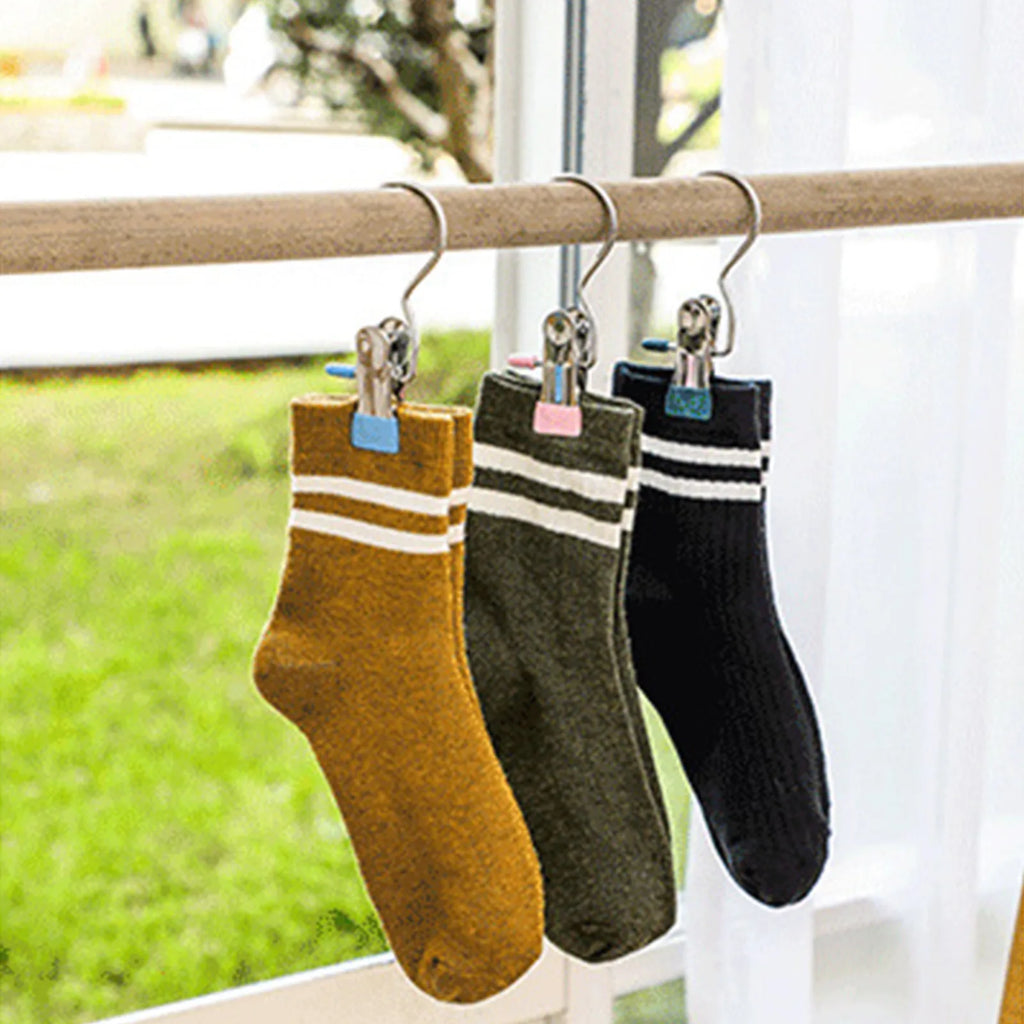 10pcs Stainless Steel Clothespins Laundry Clothes Pegs With Hook Portable Hanging Clothes Clip Wardrobe Clothes Organizer Hanger