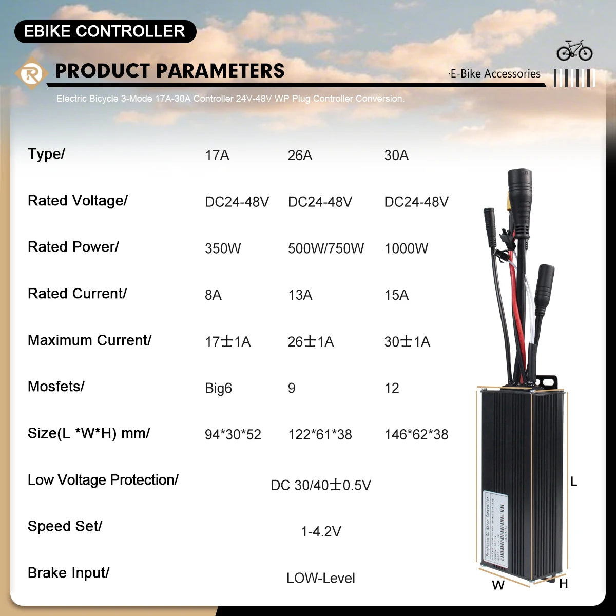 17A26A30A Ebike Brushless Motor Controller 350W/750W/1000W Sinewave Controller G51 LCD Display UART2 Protocol for Scooter E-Bike