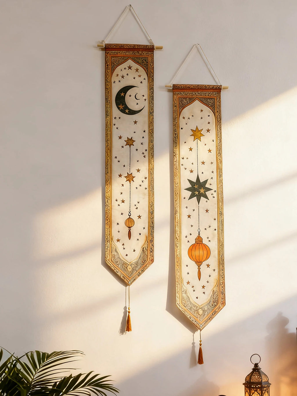 Islamic Ramadan Wall Banner Moon Star Lantern Tapestry for Eid Mubarak Kareem Muslim Festival Home Decor Hanging Ornaments Gifts