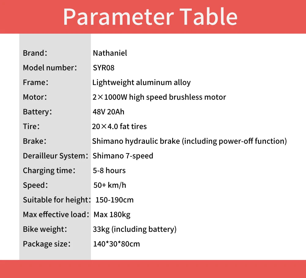 20"Electric Bike 2*1000W Motor 48V 20Ah Removable Battery 50km/h Electric Bicycle for Adults Mountain Bike with Shimano 7-Speed