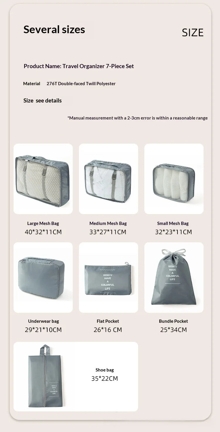 travel Packing Cubes Organizer, Lightweight Luggage Bags with Zipper for Suitcase Clothes Compression, Portable Storage Bag Set