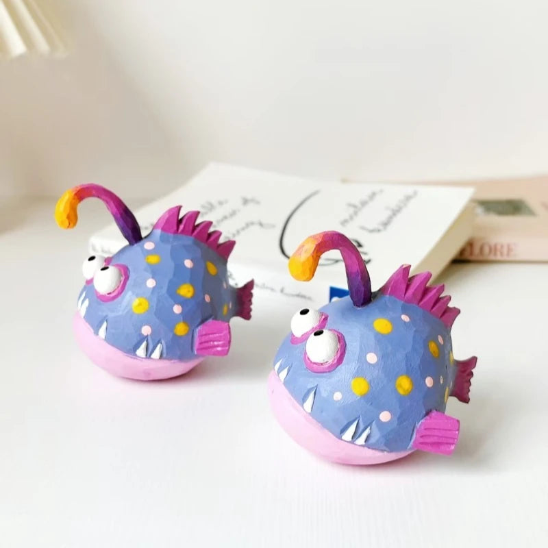 Lanternfish Hand Made Wooden Miniature Sculpture Desk Decoration Unique Gift Photography Prop Home Craft Patio Bonsai Ornament