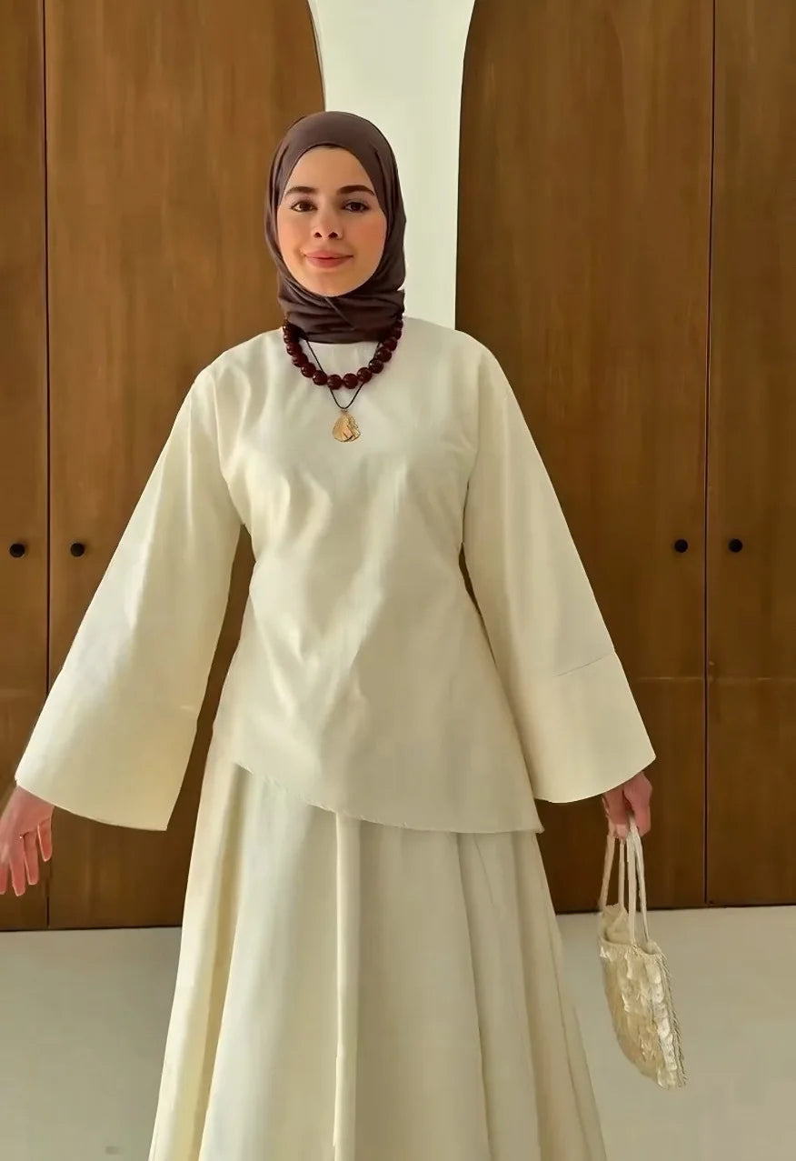 Elegant Muslim Women 2 Piece Abaya Set Ramadan Modest Summer Daily Turkey Top and Skirt Suit Islamic Casual Outfit for Eid