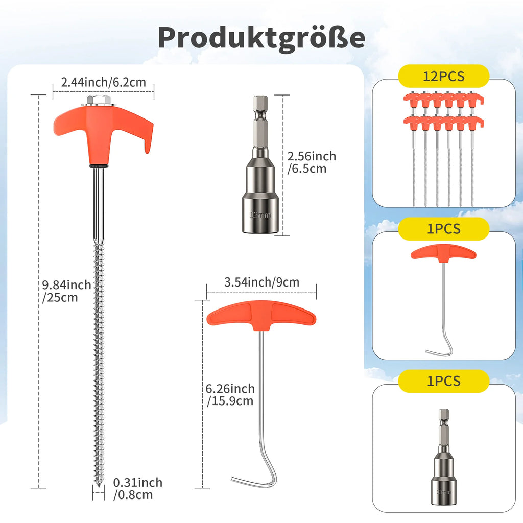 12/16/24PCs Screw pegs tent steel pegs Camping tent pegs Set Herring Earth nails Stable tent ground anchor 25CM Camping Herring Puls 13MM Hexagon Drill for Hard Ground Forest Grass
