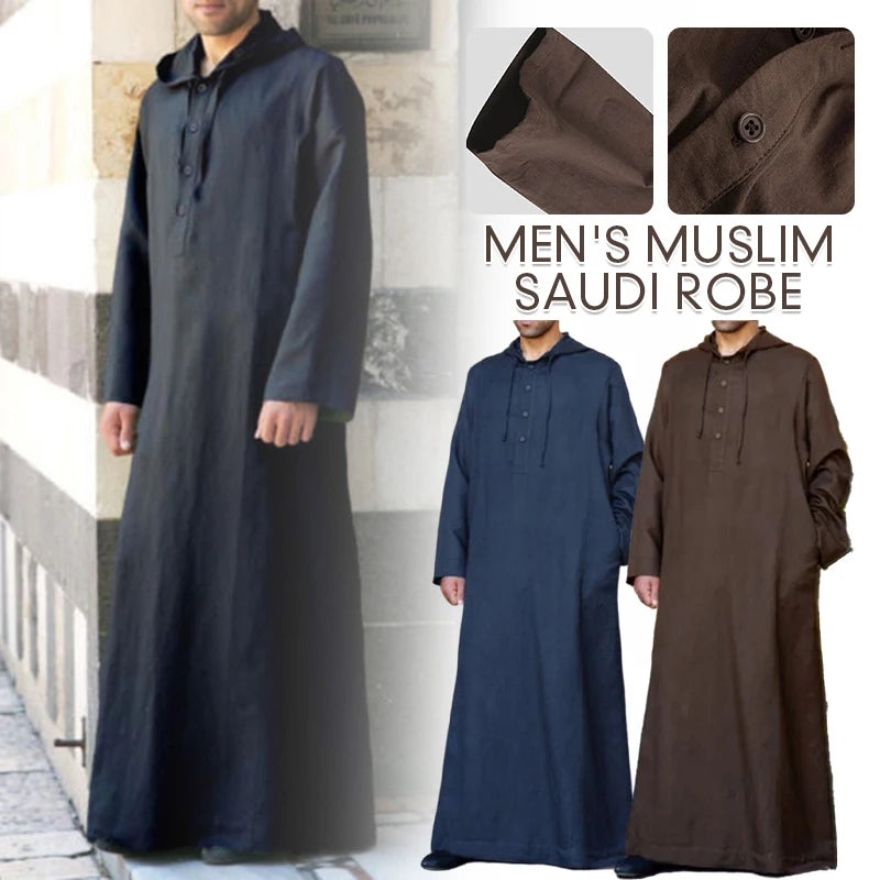 Islamische Kleidung für Herren, langärmelig, lockere muslimische Männer, Saudi-Arabien, Pakistan, Kurta, muslimische Kostüme, muslimisches Kleid, Kaftan, Thobe mit Kapuze