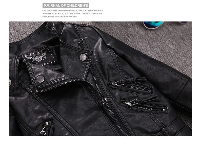 2-14 Years Old Girls Faux Leather Jacket Children PU Coat Long Sleeve Zip Belt Locomotive Jacket Stylish Teen Kids Boys Jackets