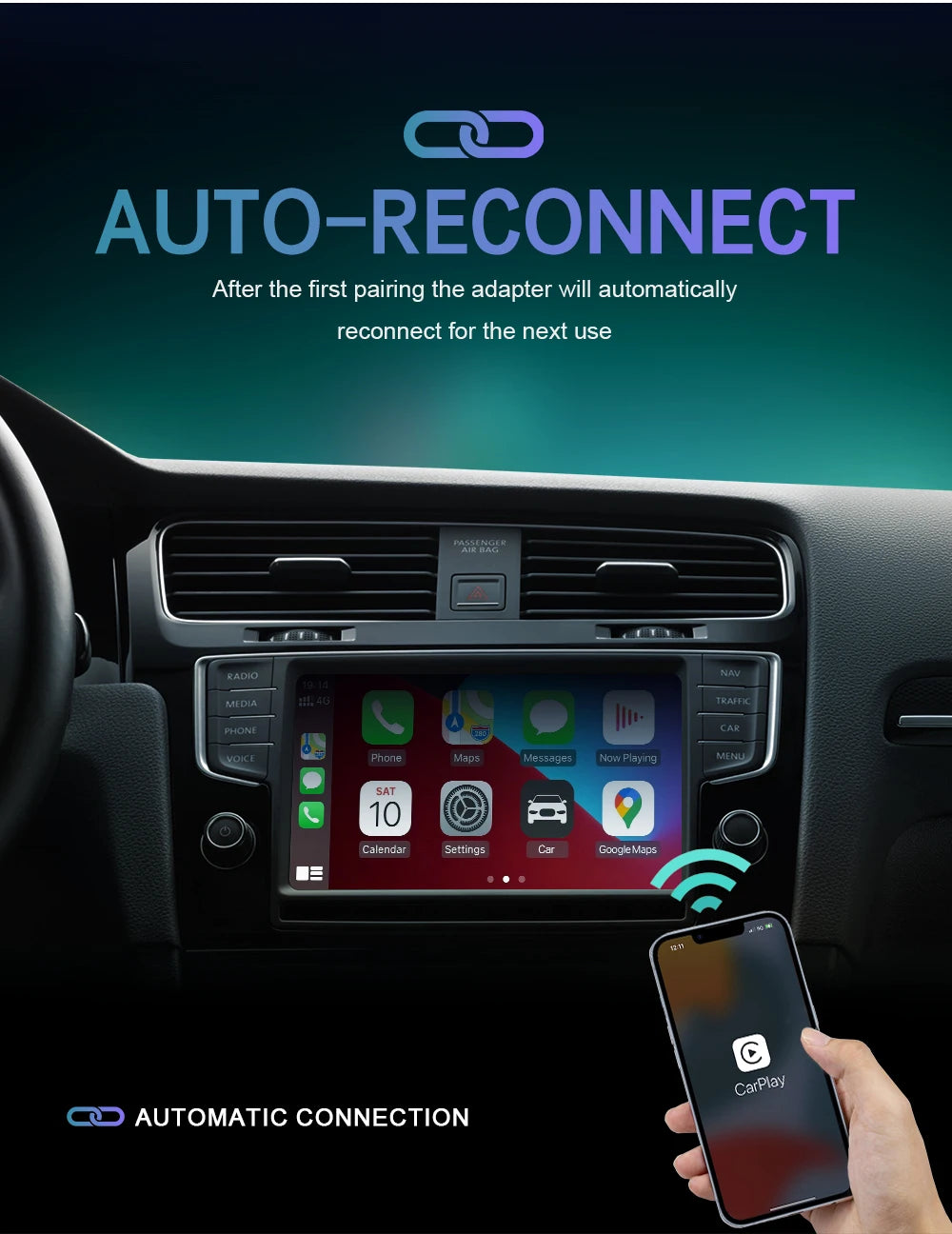Kompakter Kabelloser CarPlay Android Auto USB-Adapter, Kabelgebunden zu Kabellos Upgrade, Einfache Installation, Automatische Verbindung, Kompatibel mit 98% aller Autos
