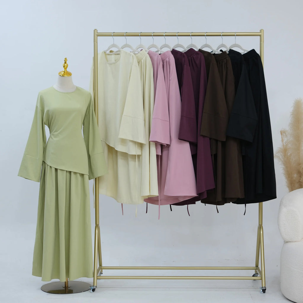 Elegant Muslim Women 2 Piece Abaya Set Ramadan Modest Summer Daily Turkey Top and Skirt Suit Islamic Casual Outfit for Eid