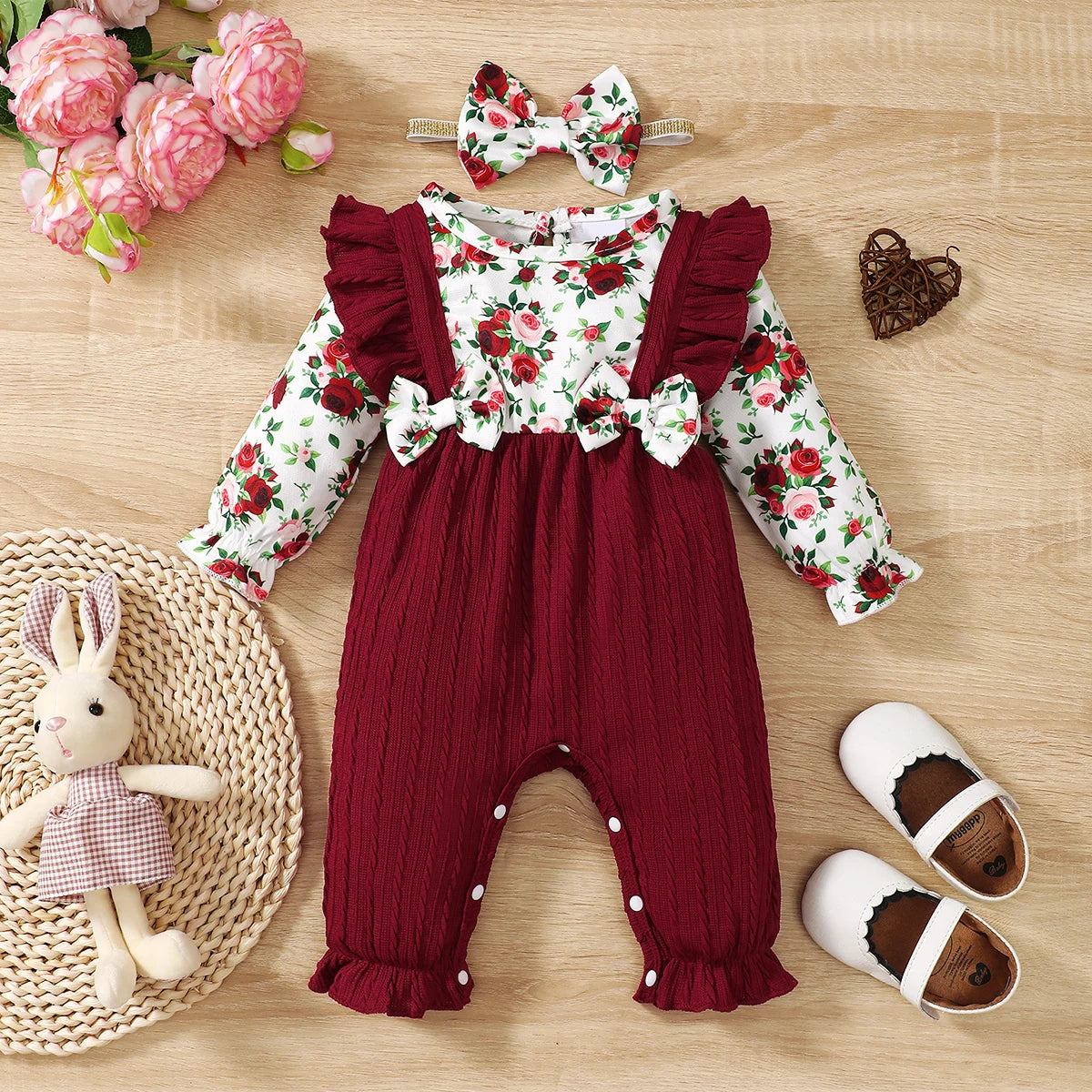 0-18 Months Newborn Baby Girl Romper Cute Floral Long Sleeve with Bow Bodysuit+Headband Infant Girl Spring&Autumn Jumpsuit