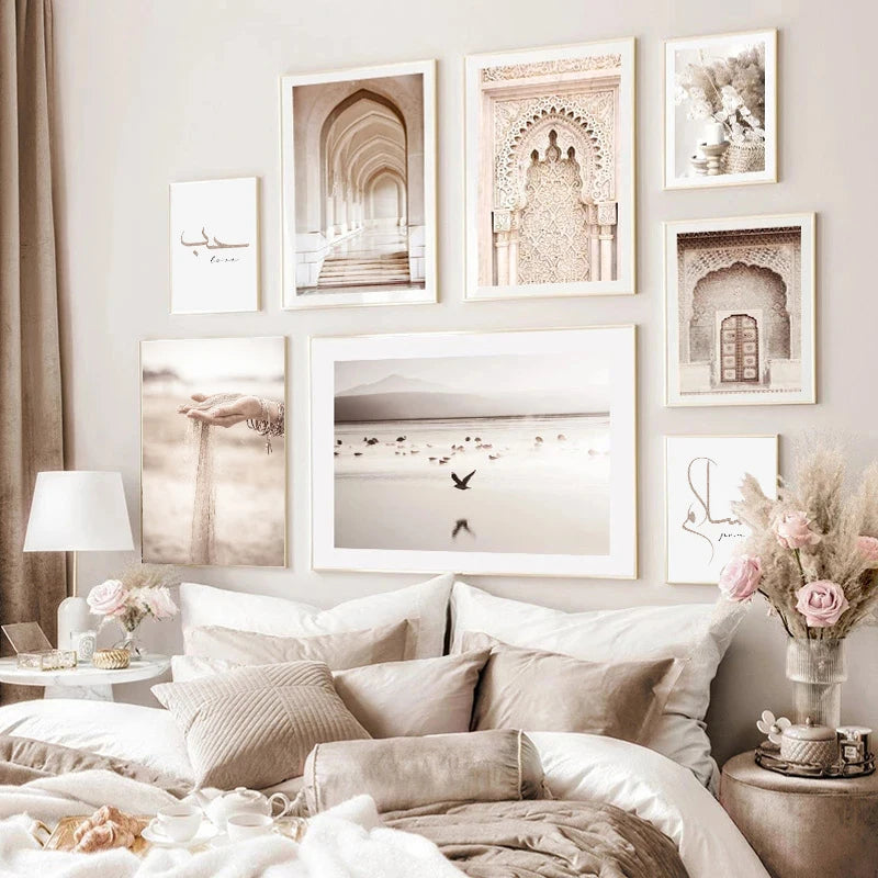 Beige Islamic Style Muslim Architecture and Calligraphy Printed on Canvas Wall Posters Decorative Painting Luxury Room Pictures