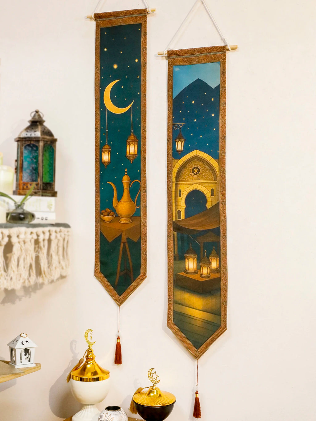 Islamic Ramadan Wall Banner Moon Lantern Mosque Tapestry for Eid Mubarak Kareem Muslim Festival Home Decor Hanging Ornament Gift