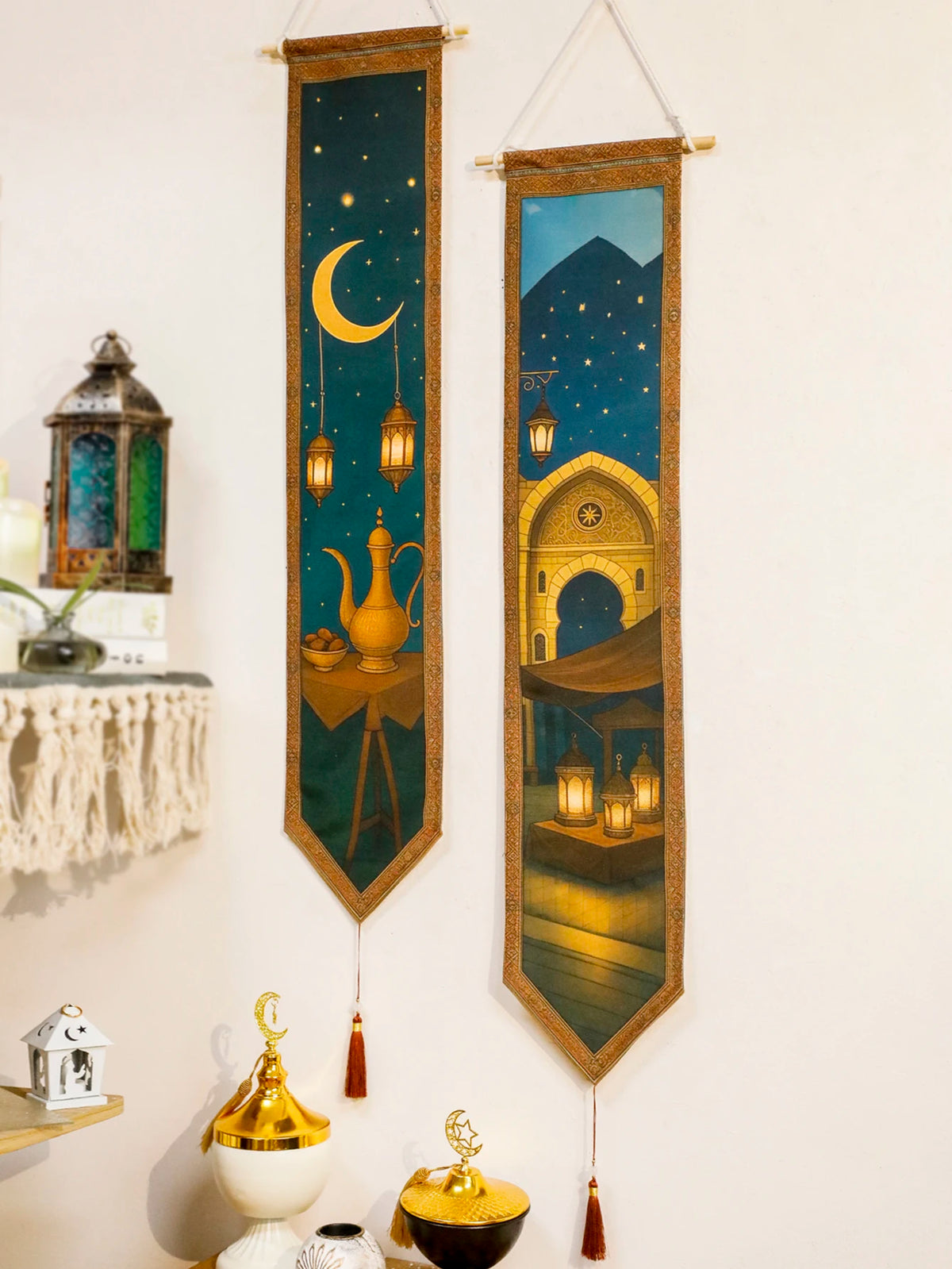 Islamic Ramadan Wall Banner Moon Lantern Mosque Tapestry for Eid Mubarak Kareem Muslim Festival Home Decor Hanging Ornament Gift