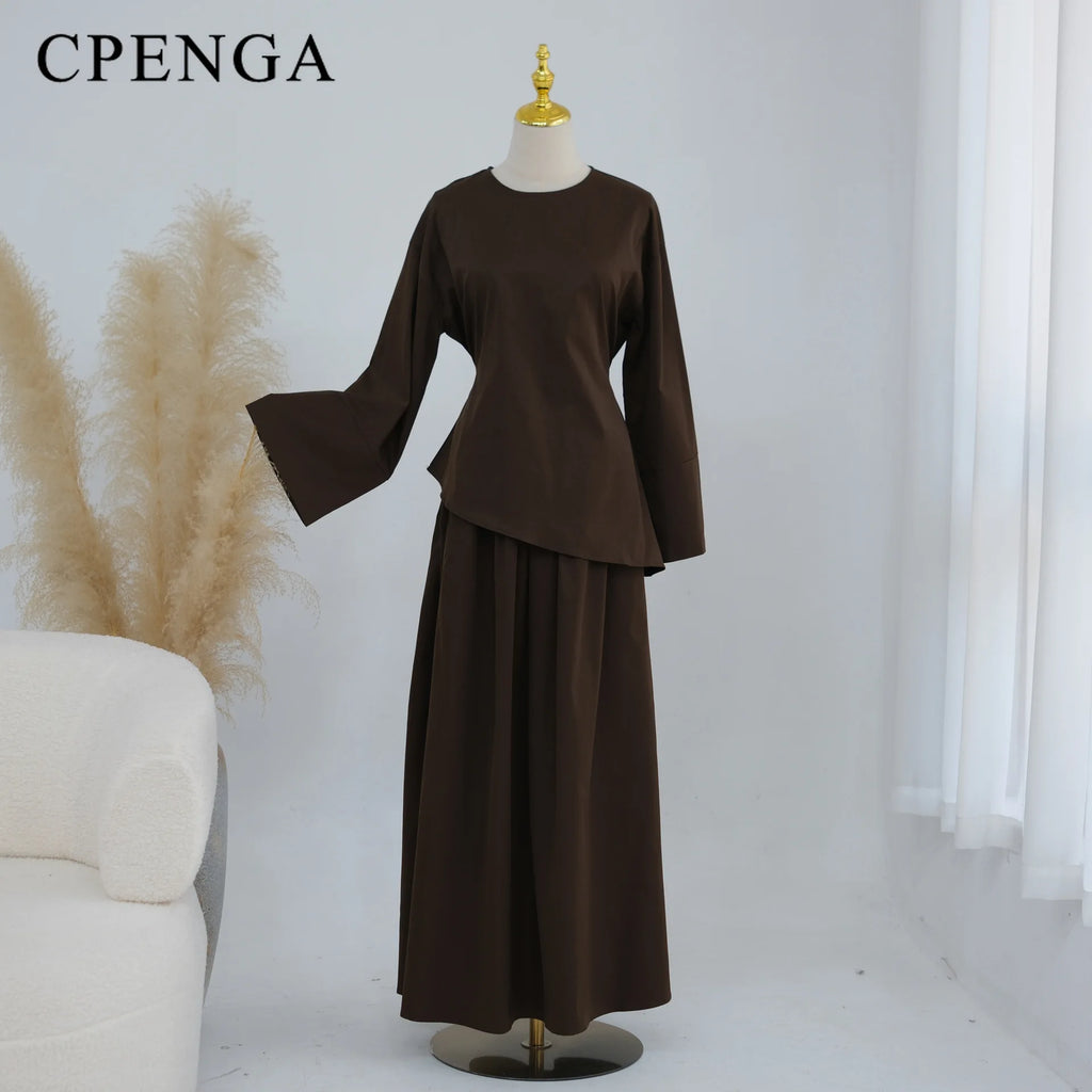Elegant Muslim Women 2 Piece Abaya Set Ramadan Modest Summer Daily Turkey Top and Skirt Suit Islamic Casual Outfit for Eid