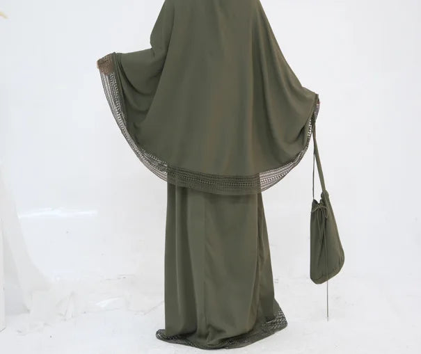 Complete Women's Islamic Prayer Outfit Set (4 Items) Includes Prayer Rug Carry Case Modest Abaya Dress and Khimar Headscarf