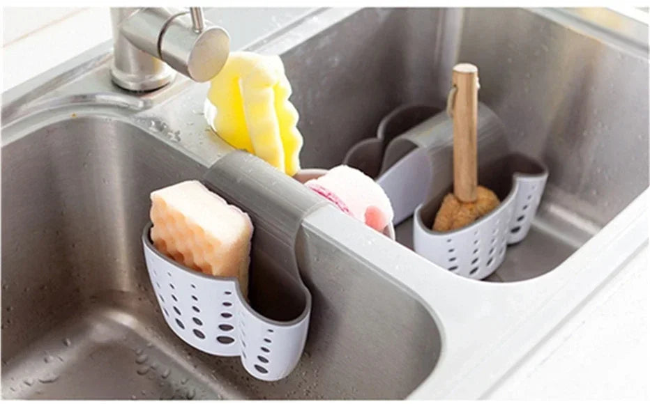 2 Sided Kitchen Sponge Drain Rack Sink Scouring Pad Hanging Storage Basket Cleaning Brush Holder Soap Organizer Shelf