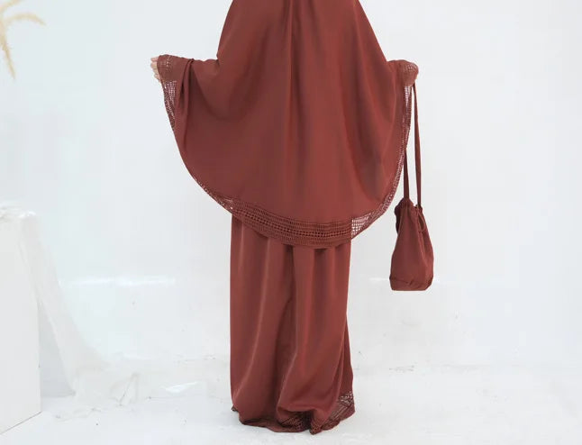 Complete Women's Islamic Prayer Outfit Set (4 Items) Includes Prayer Rug Carry Case Modest Abaya Dress and Khimar Headscarf