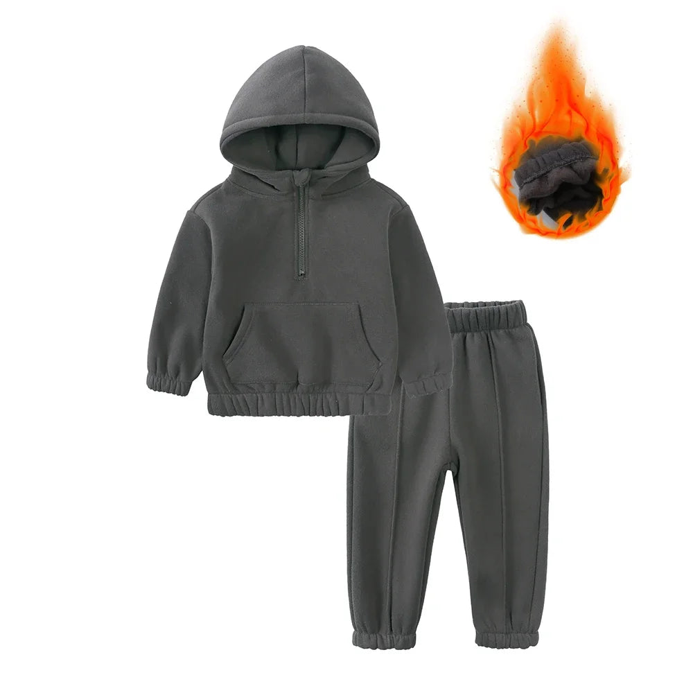 2026 Children Kids Fleece Winter Outfits Solid Cotton Hooded Sweatshirt+Pants Toddler Infant Suit Boy Girl Casual Warm Clothes